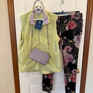 SET!!! NWT Green/Lavender Fleece Vest + Black Floral Leggings + DKNY Purse